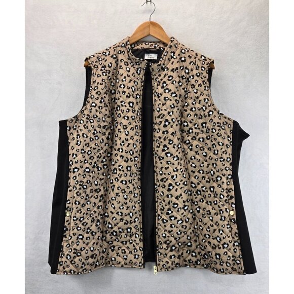 Jacket Vest Quilted Leopard Print 4X Kim Rogers Black Stretch Sides Zip Front - Picture 1 of 13